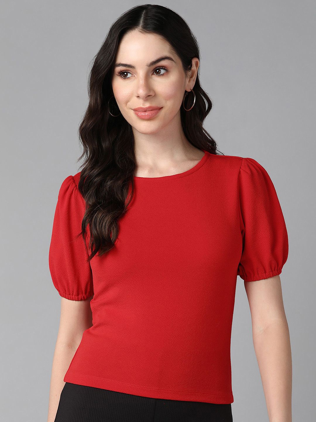 

SAFFE Solid Puff Sleeve Casual Fitted Top, Red