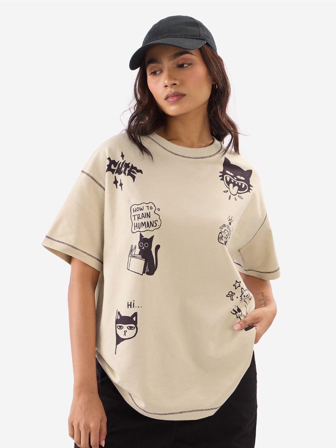 

The Souled Store Women Graphic Printed Round Neck Cotton Oversized T-Shirt, Off white