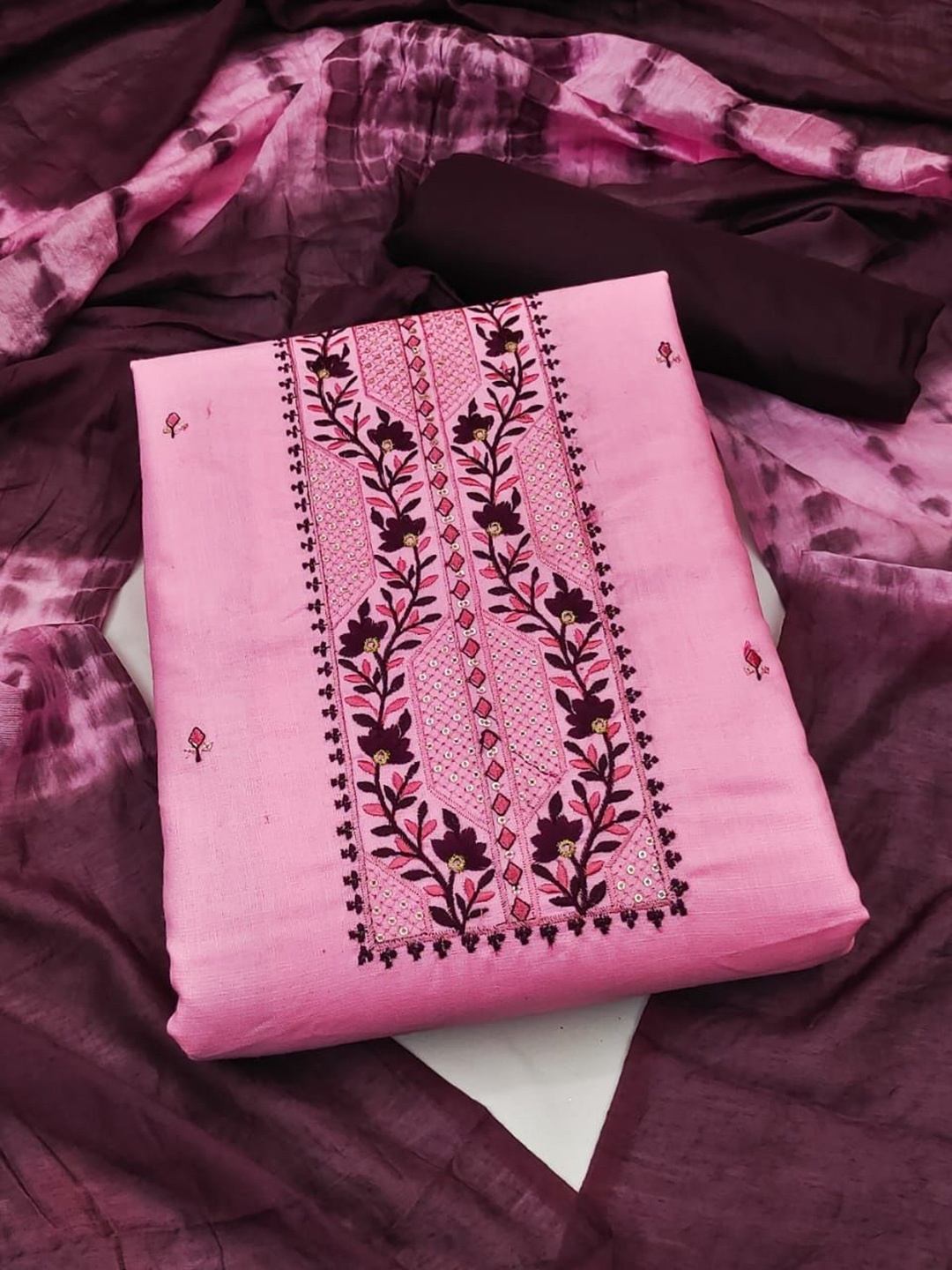 

LADY SHOPI Floral Embroidered Sequinned Unstitched Dress Material, Pink
