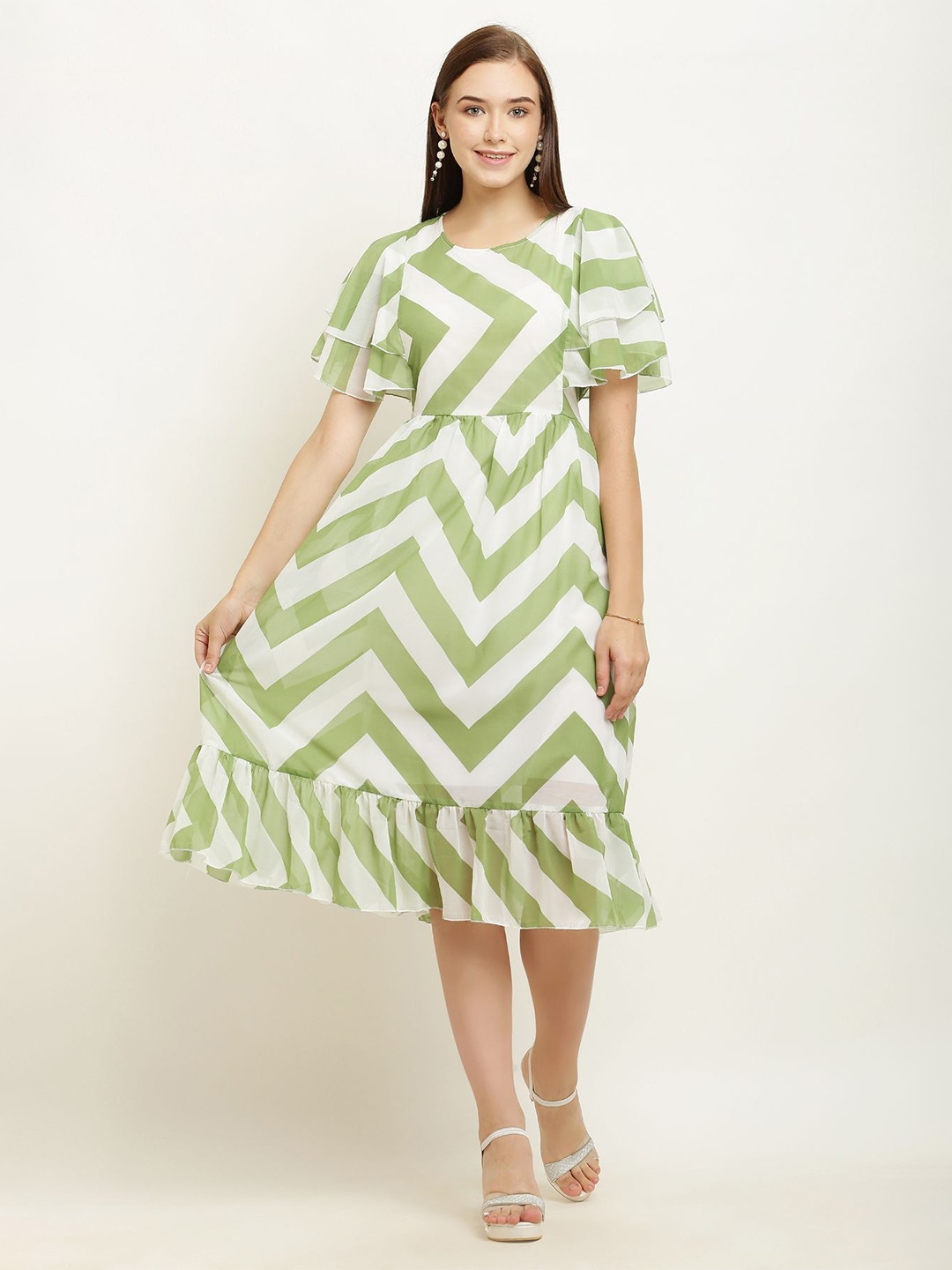 

BAESD Striped Flared Sleeve Chiffon A-Line Dress, Green