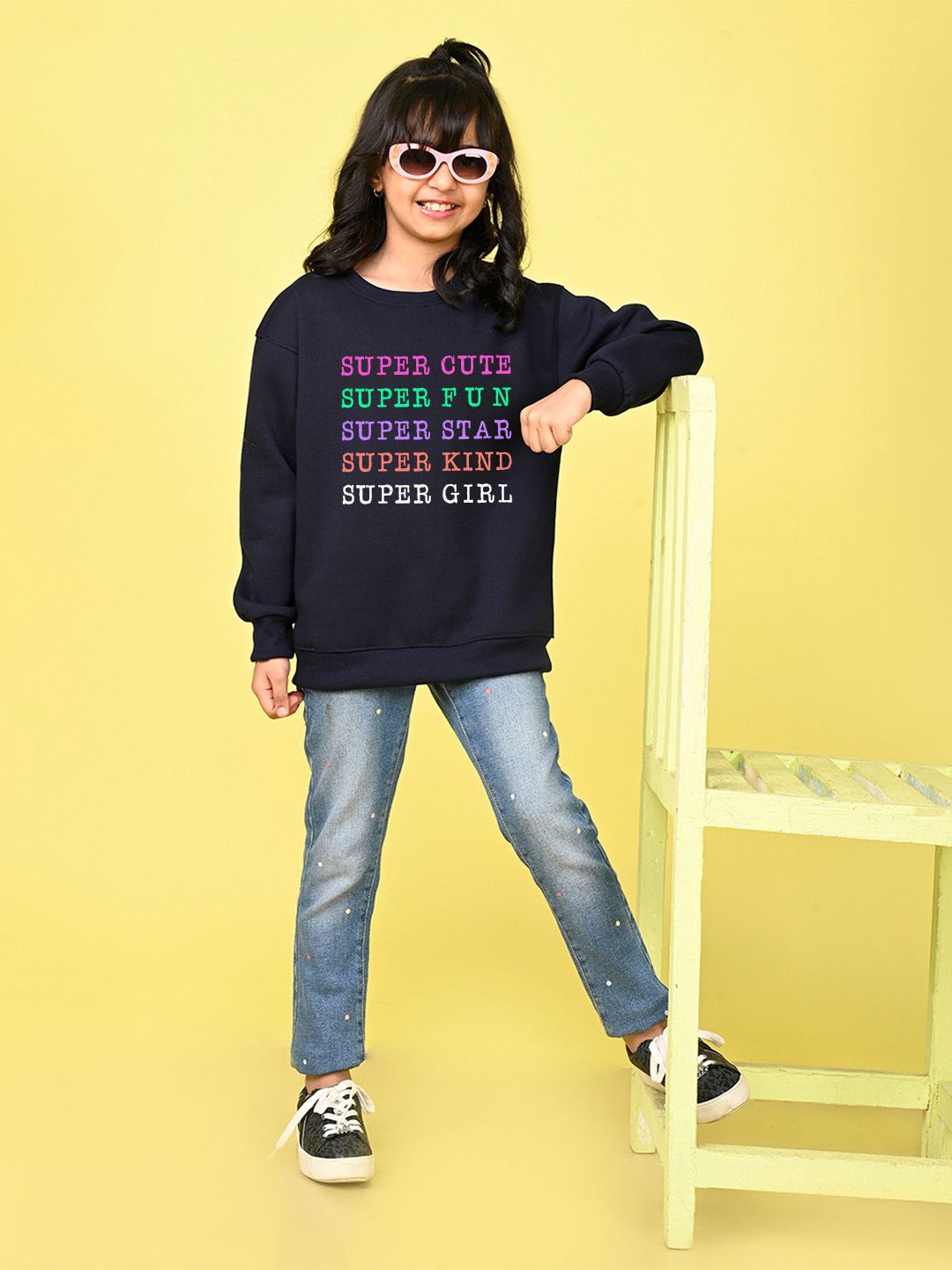 

NUSYL Girls Typography Printed Oversized Sweatshirt, Navy blue