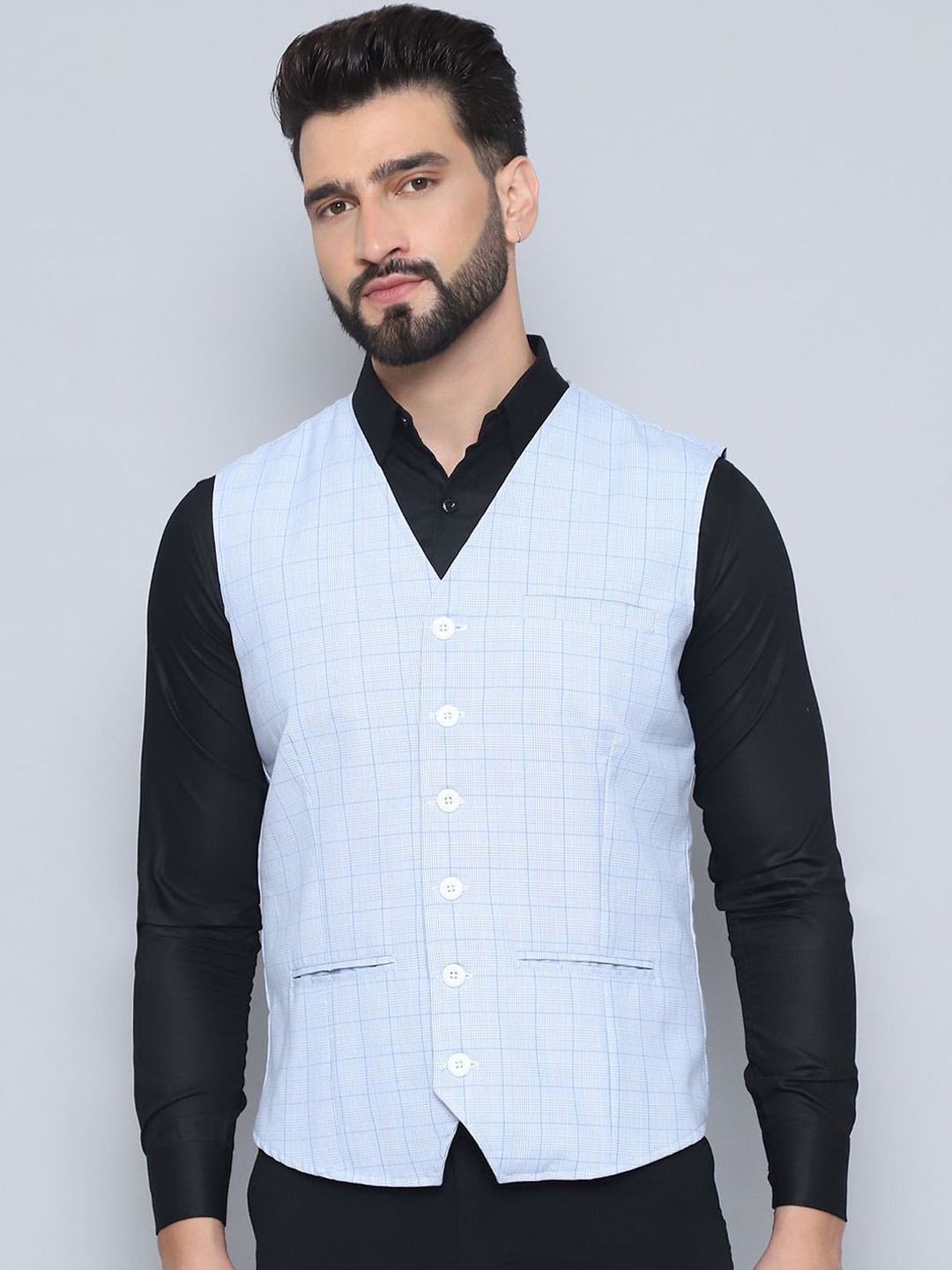 

EVEN LEISURE APPARELS Woven Design V Neck Waistcoat, Blue