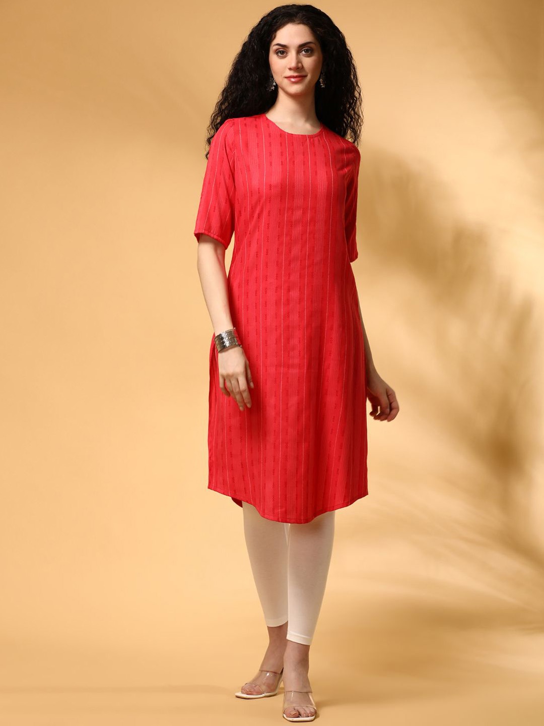 

Anouk Striped Woven Design Round Neck Three-Quarter Sleeves Regular Viscose Rayon Kurta, Red