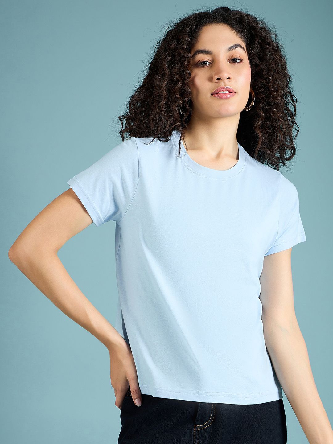 

DressBerry Women Solid Round Neck Cotton T-Shirt, Blue