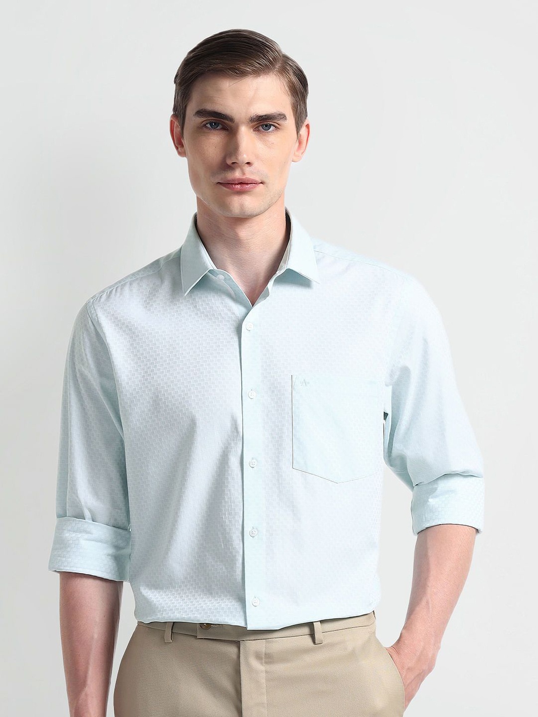 

Arrow Men Classic Cutaway Collar Textured Cotton Formal Shirt, Green