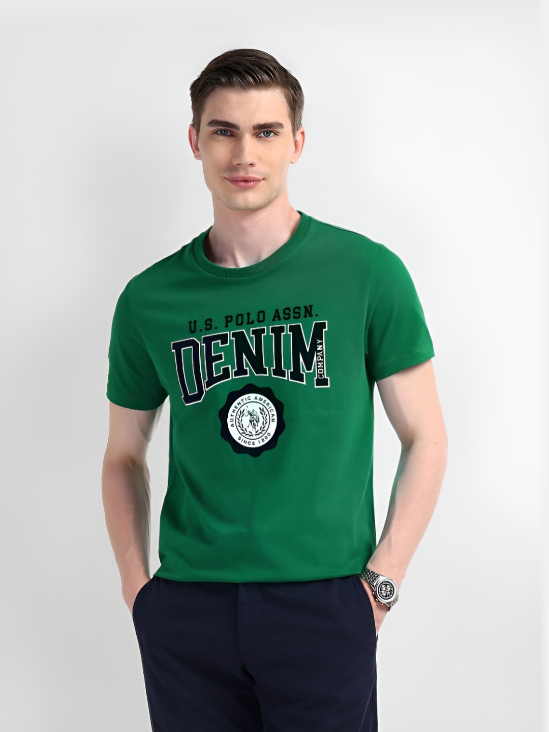 

U.S. Polo Assn. Denim Co. Men Typography Printed Round Neck Cotton Slim Fit T-Shirt, Green