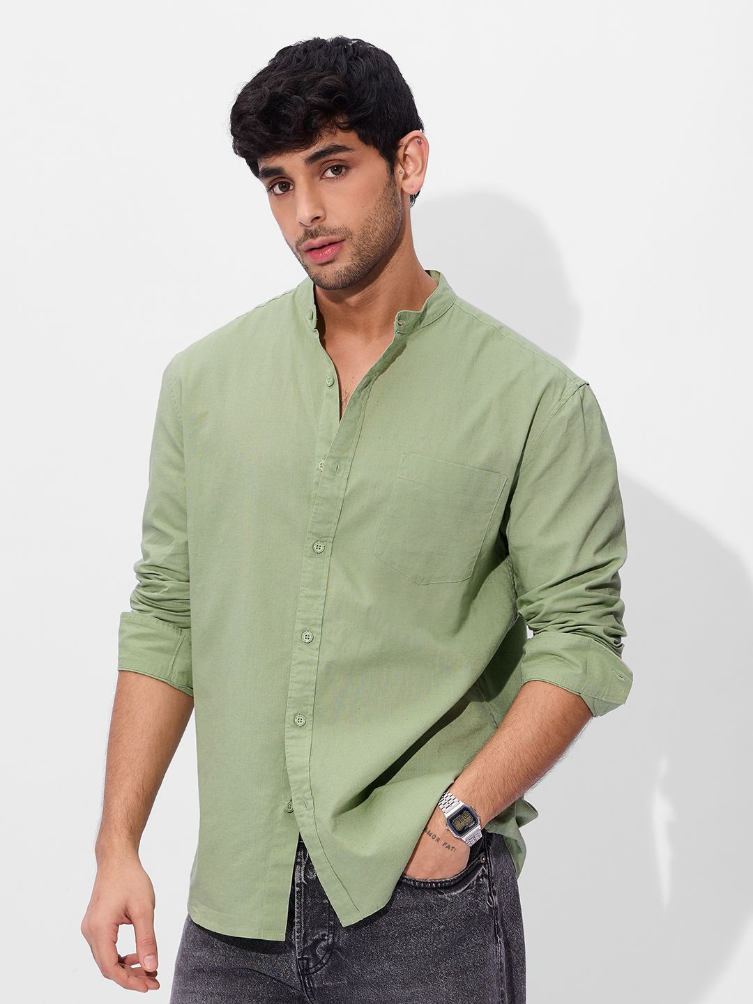 

The Souled Store Men Spread Collar Solid Cotton Casual Shirt, Green