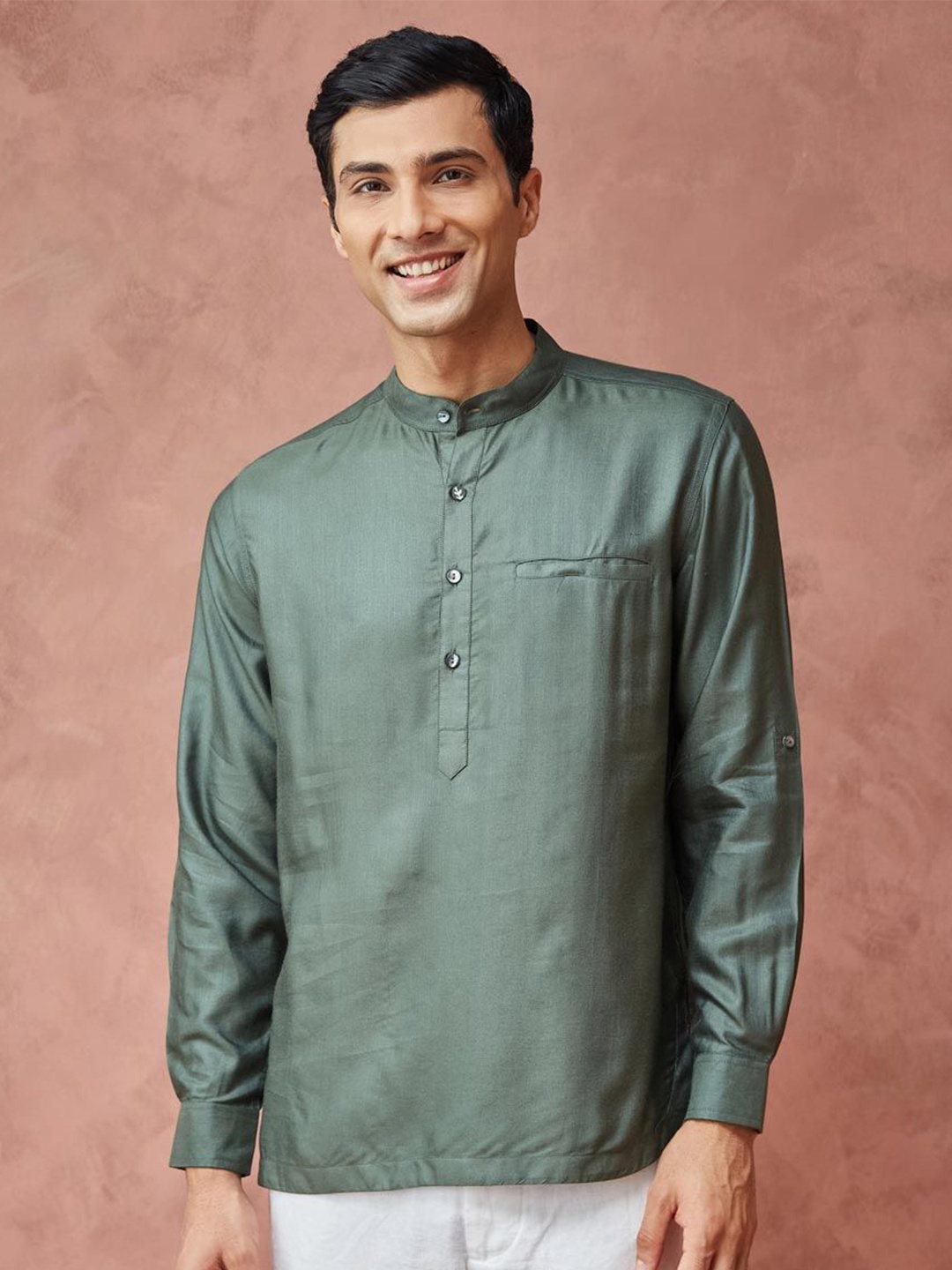 

Fabindia Men Band Collar Solid Slim Fit Casual Shirt, Green