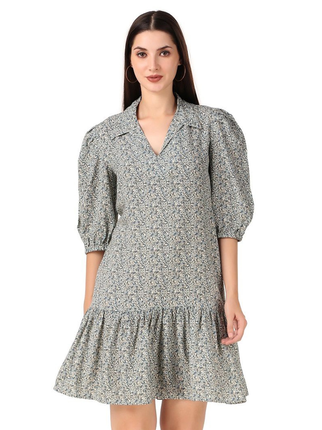 

Seryeon Women Puff Sleeve Drop-Waist Dress, Blue