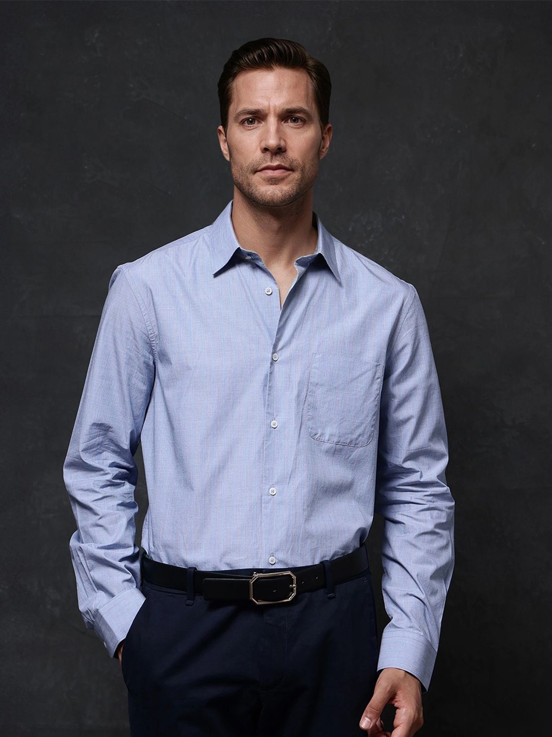 

RARE RABBIT Men Comfort Spread Collar Solid Cotton Formal Shirt, Blue