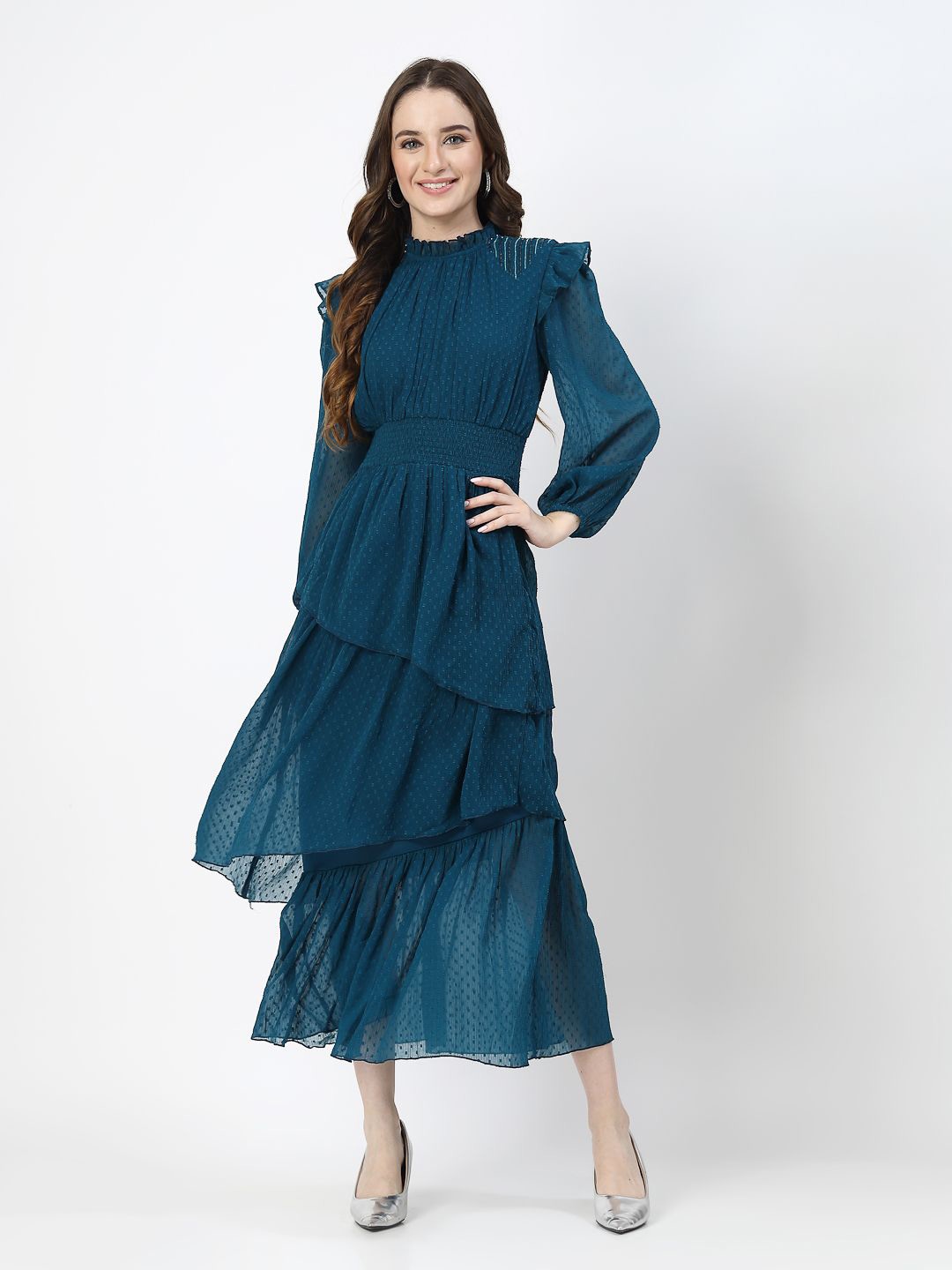 

COSMIC TRIO Layered Tiered A-Line Midi Dress, Teal