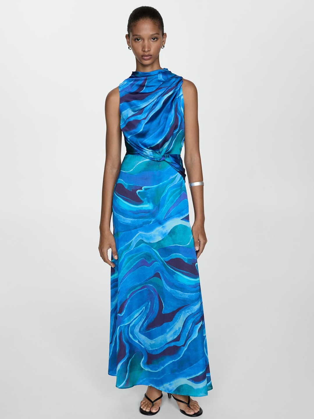 

MANGO Satin Printed Dress with Draped Neck, Blue