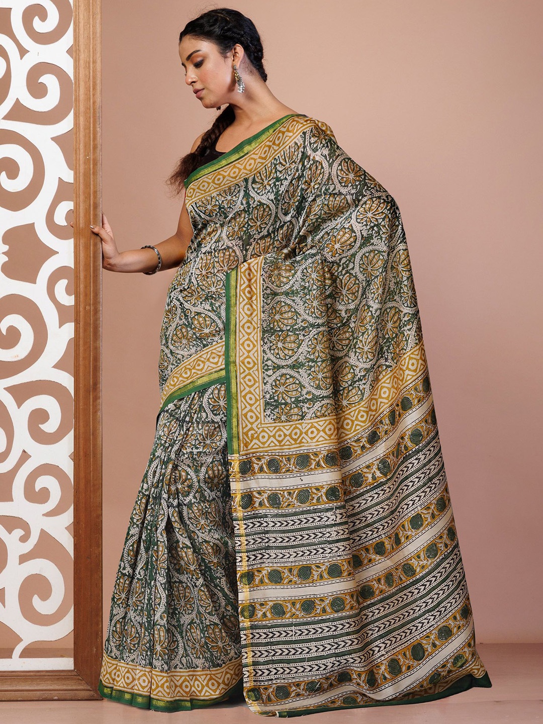 

Unnati Silks Kalamkari Zari Handloom Chanderi Saree, Green