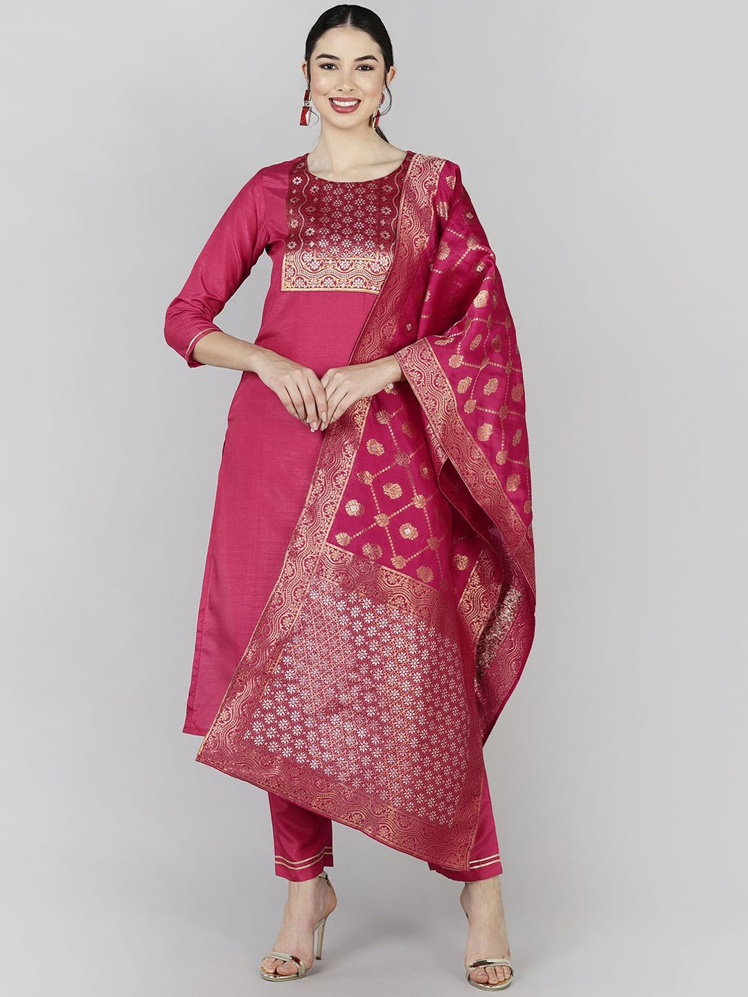 

Anouk Floral Yoke Design Regular Zari Straight Kurta with Trousers & Dupatta, Pink