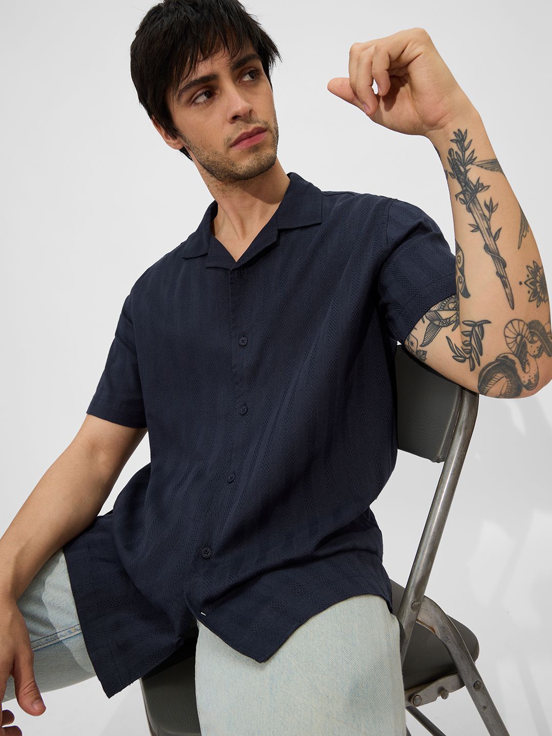 

The Souled Store Men Cuban Collar Solid Casual Shirt, Navy blue