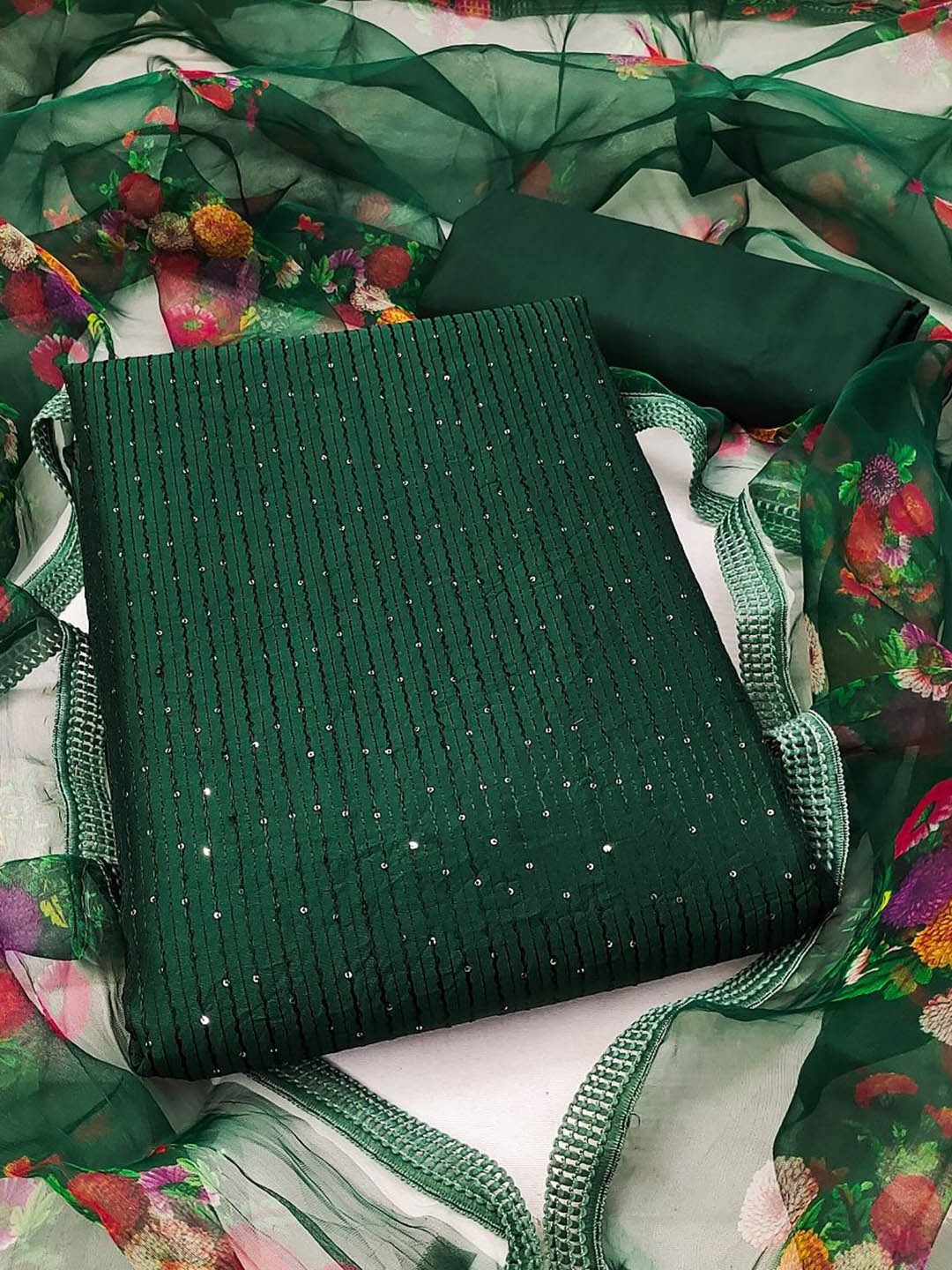 

LADY SHOPI Striped Embroidered Sequinned Unstitched Dress Material, Green