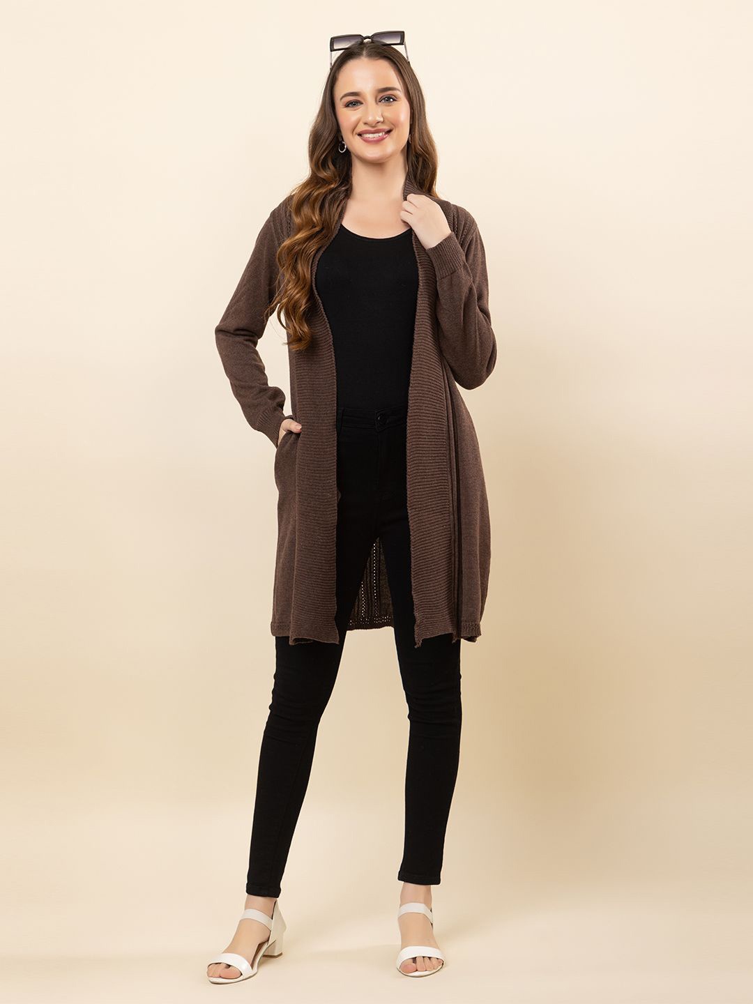 

Anouk Coffee Brown Self Design V-Neck Winter Open Front Shrug