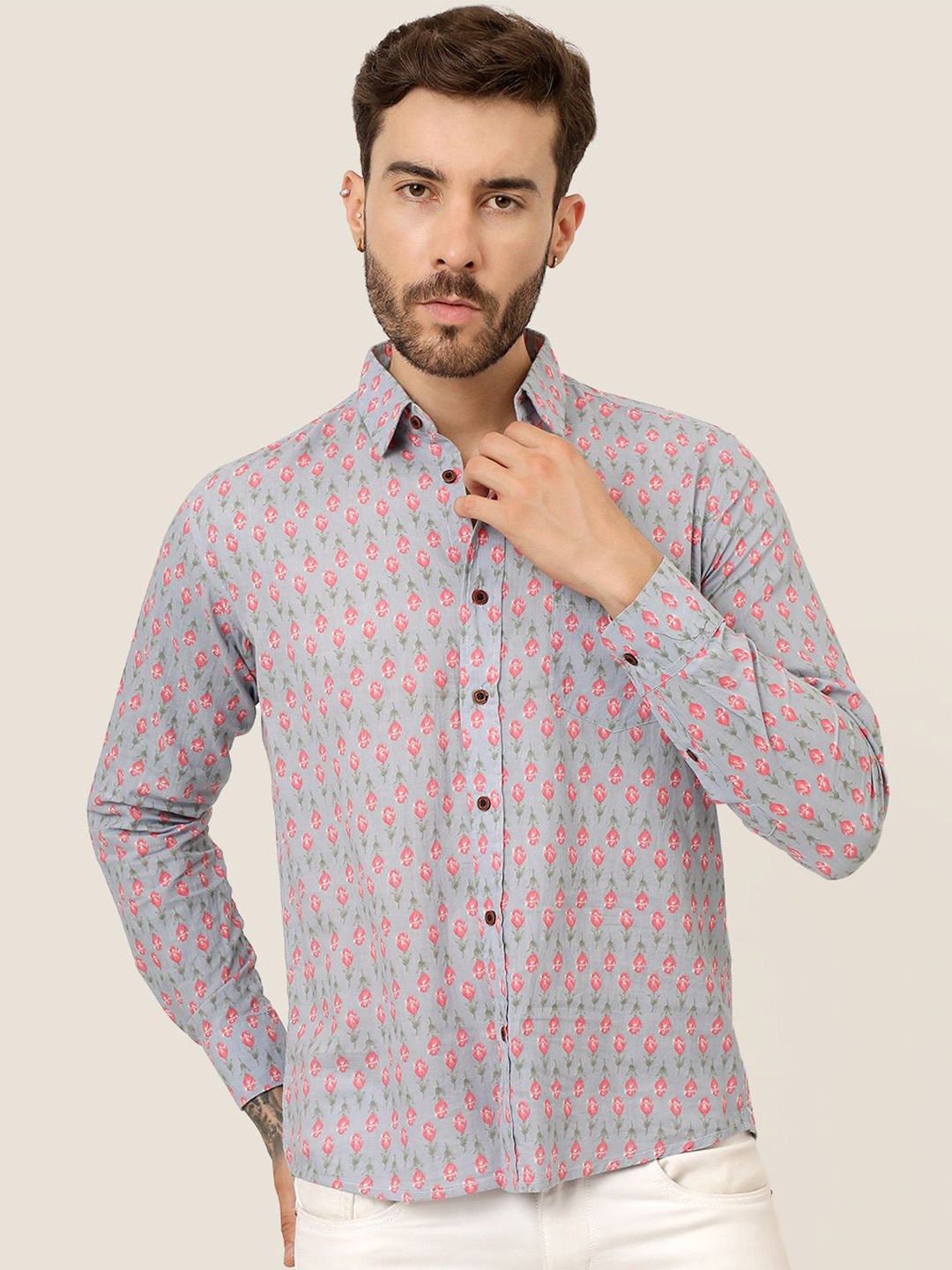 

SPS Men Relaxed Spread Collar Floral Printed Cotton Casual Shirt, Grey