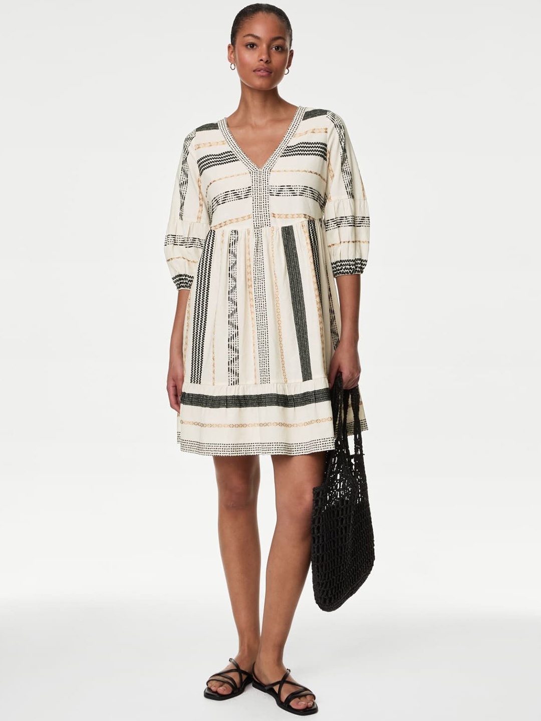 

Marks & Spencer Printed Puff Sleeves A-Line Dress, Off white