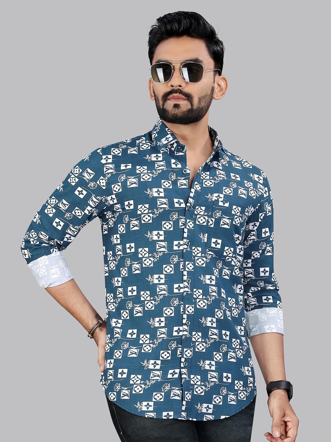 

ADWYN PETER Men Classic Spread Collar Conversational Printed Cotton Casual Shirt, Teal