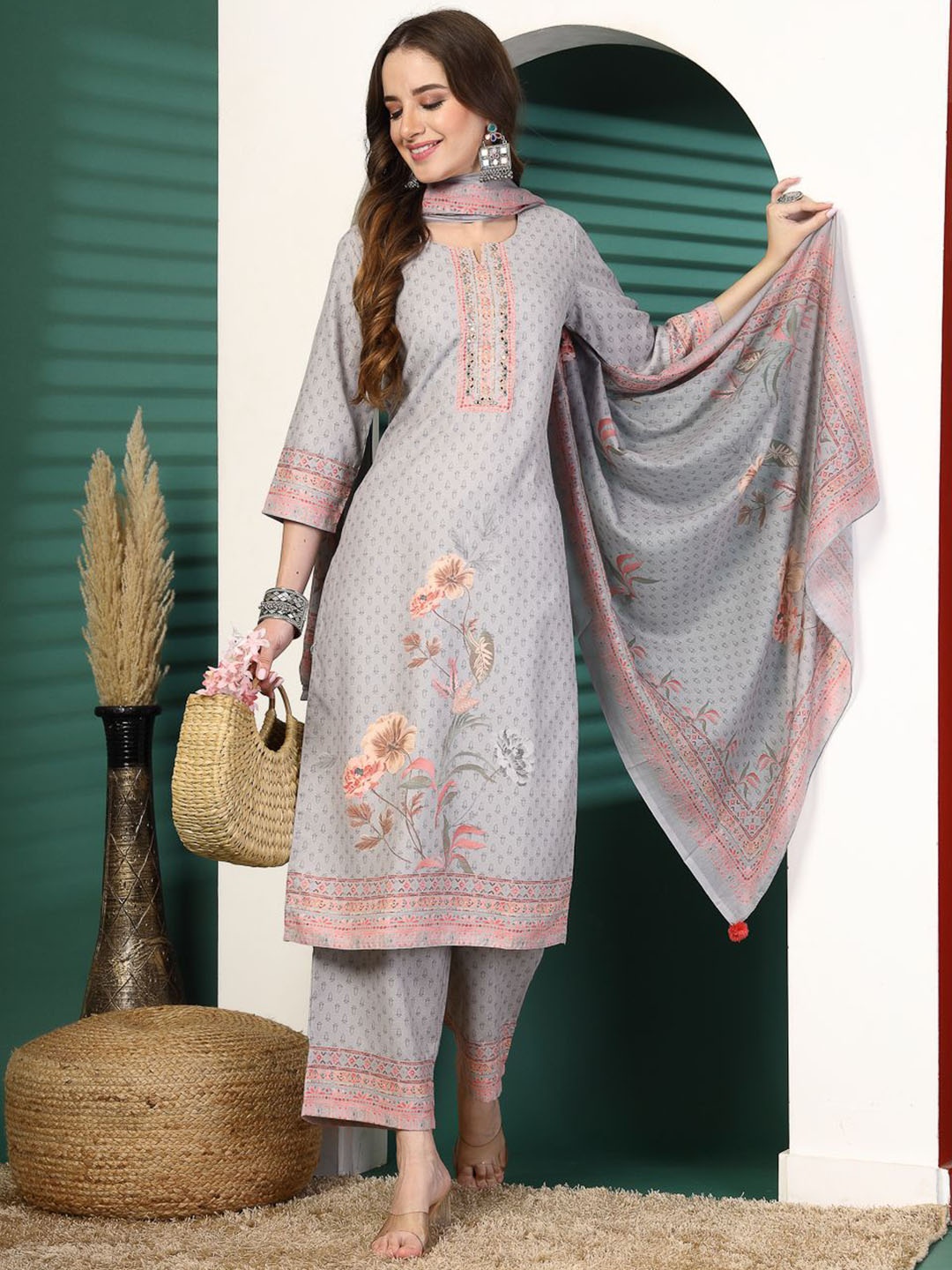 

Ramas Floral Printed Mirror Work Straight Kurta with Palazzos & With Dupatta, Grey