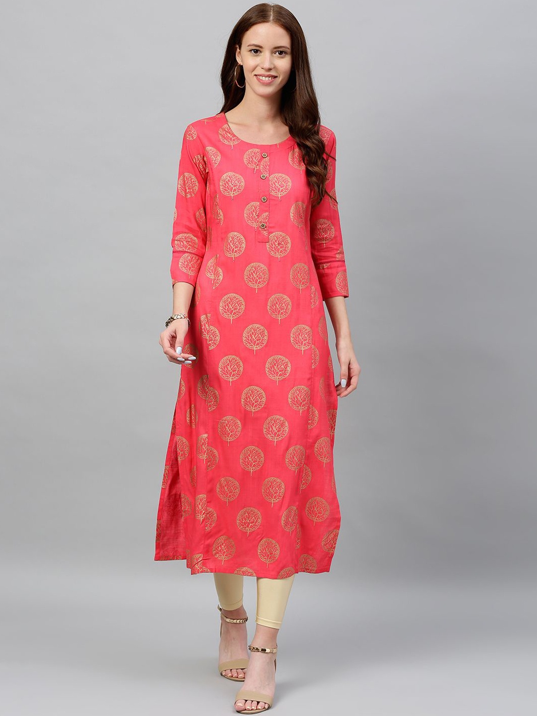 

CHIRAAI Ethnic Motifs Printed Round Neck Straight Kurta, Pink