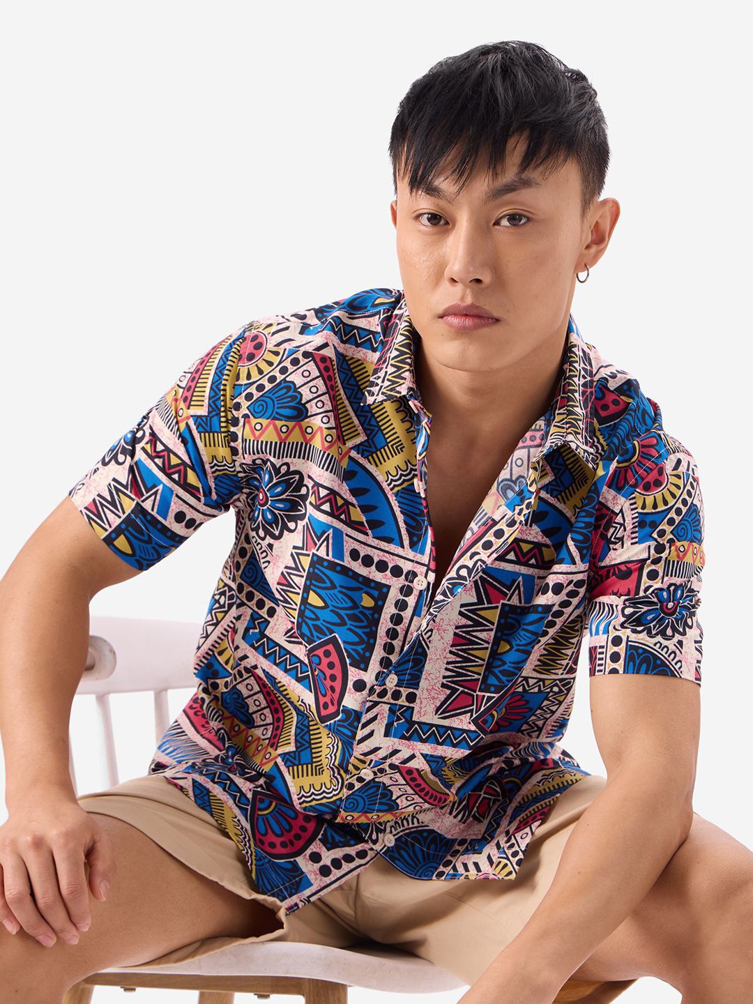 

The Souled Store Men Spread Collar Abstract Printed Cotton Casual Shirt, White