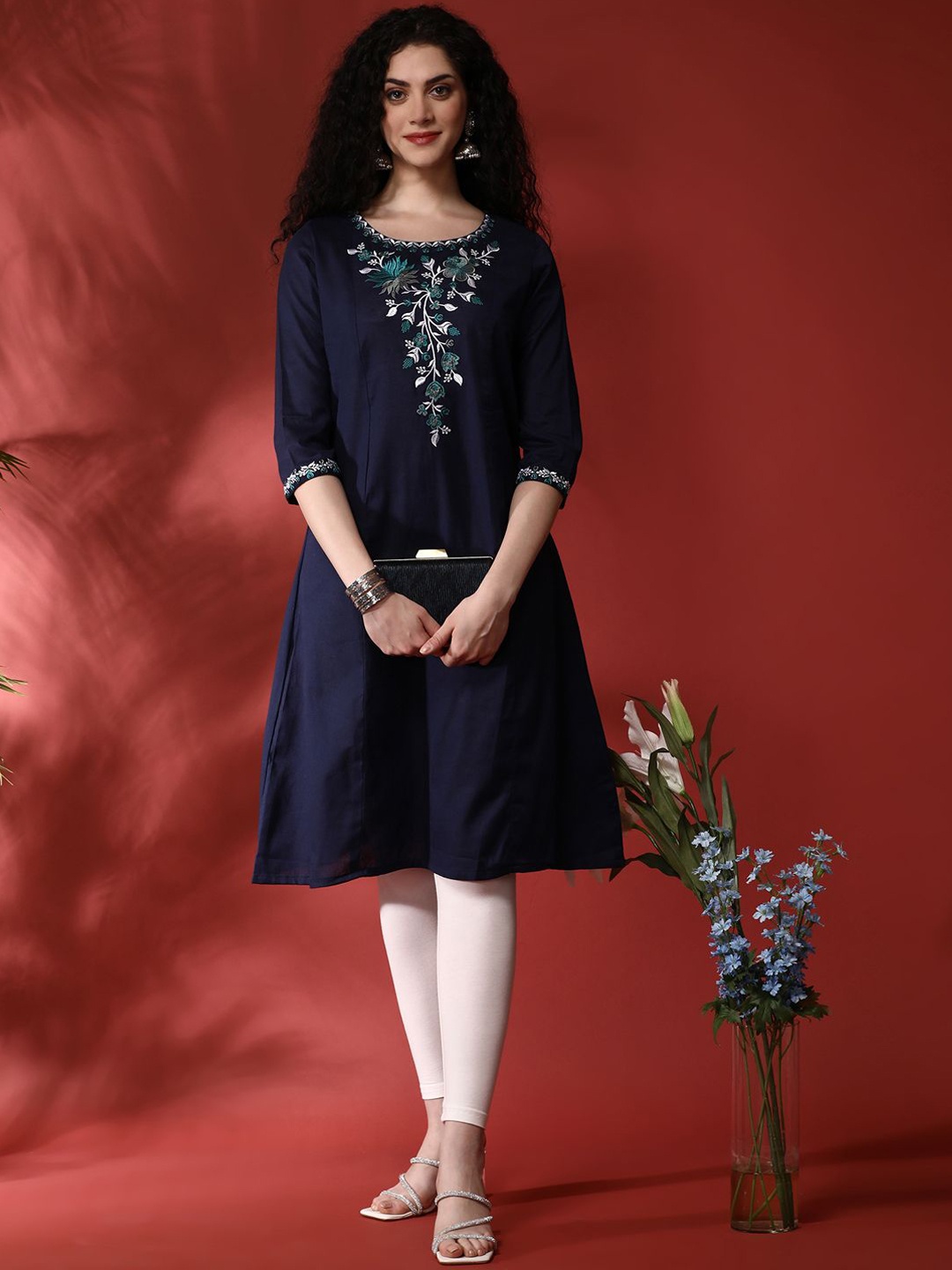 

Anouk Floral Embroidered Round Neck Three-Quarter Sleeves Regular Cotton A-Line Kurta, Navy blue