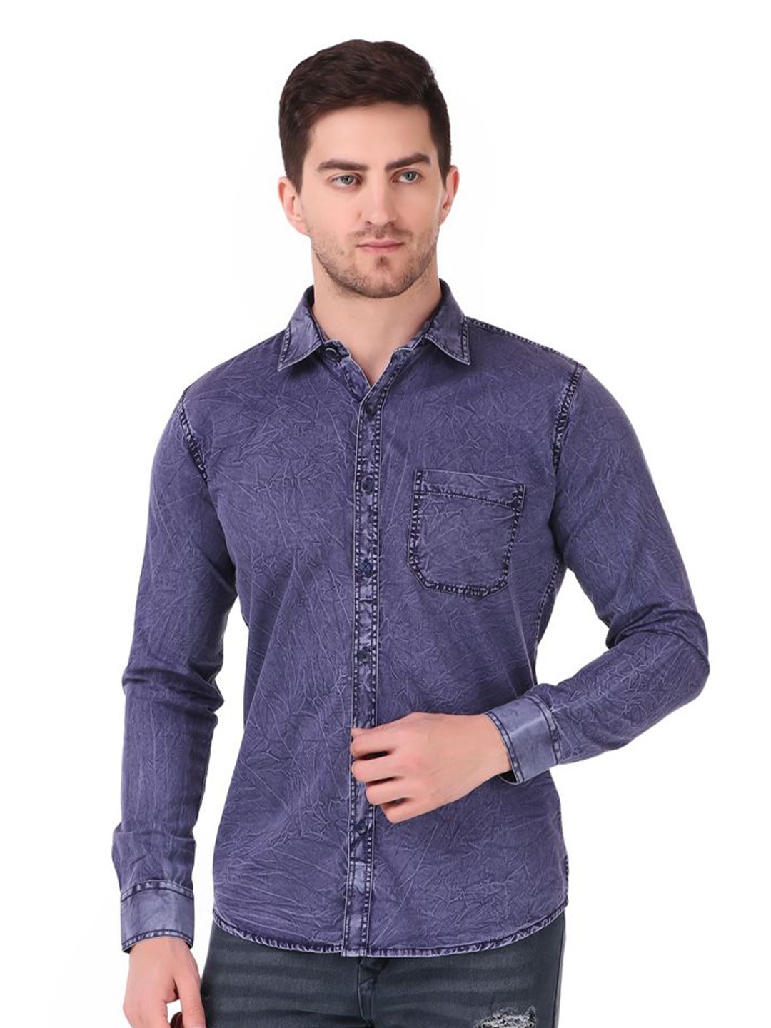 

DESIGN UP Men Relaxed Spread Collar Solid Cotton Slim Fit Casual Shirt, Blue