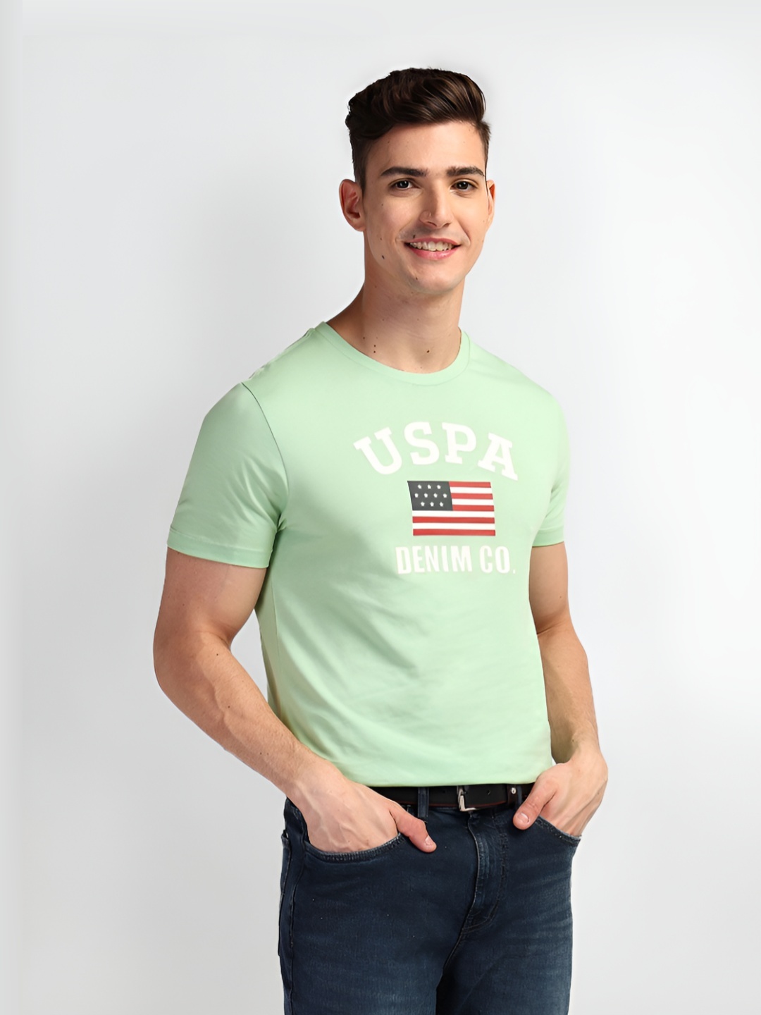 

U.S. Polo Assn. Denim Co. Men Typography Printed Round Neck Cotton Slim Fit T-Shirt, Green