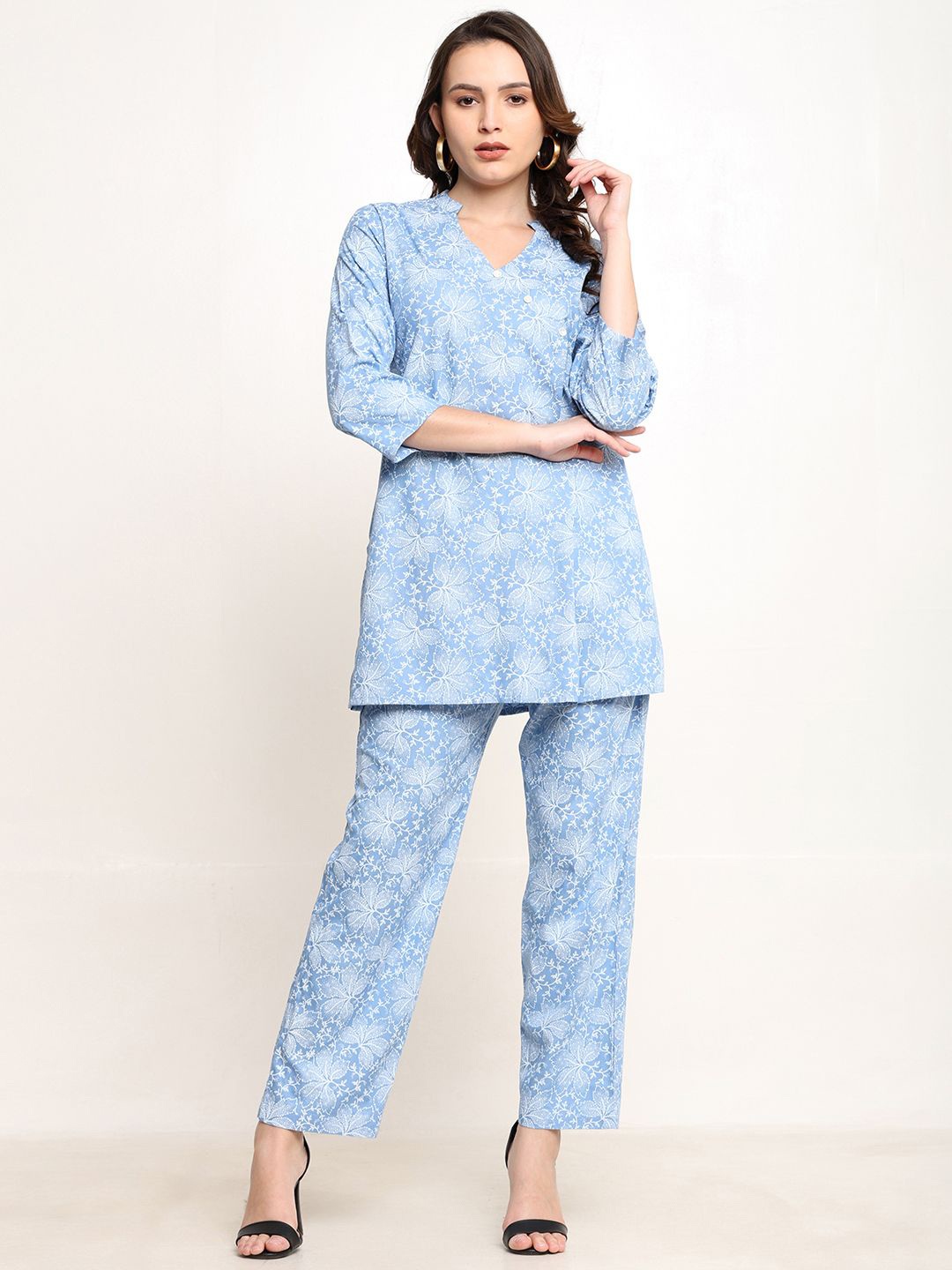 

CORDSET Printed Mandarin Collar Pure Cotton Tunic With Trouser, Blue