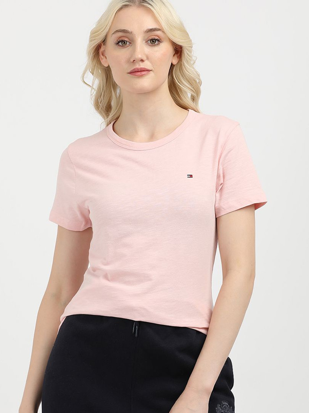 

Tommy Hilfiger Women Solid Round Neck Cotton Slim Fit T-Shirt, Pink