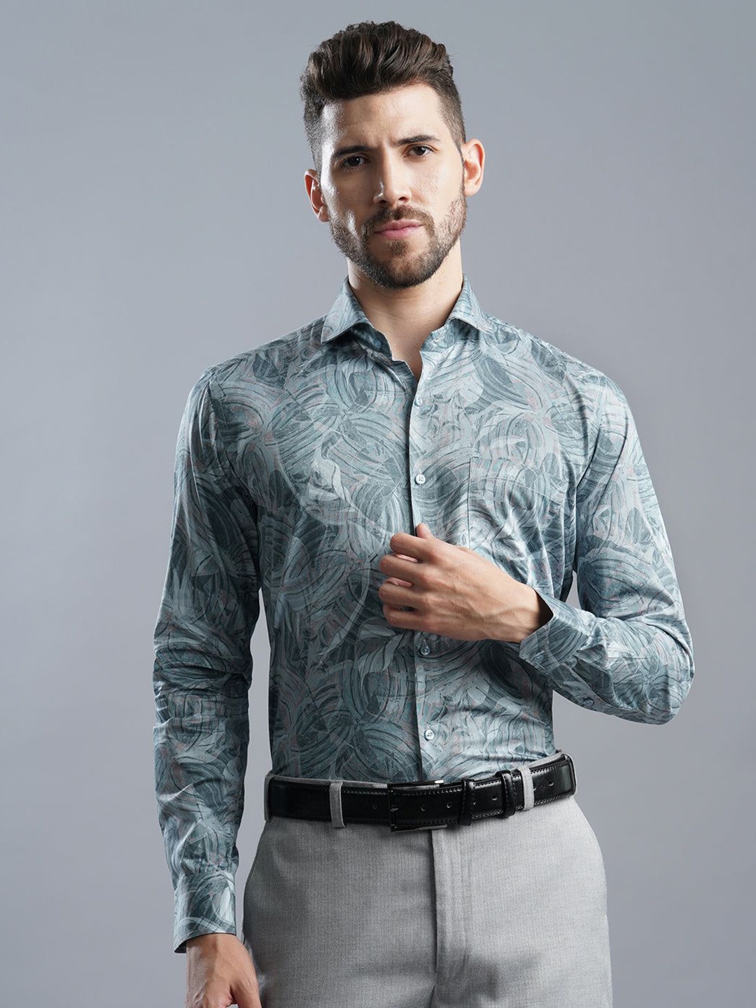 

John Philips Men India Slim Cutaway Collar Abstract Printed Cotton Formal Shirt, Sea green