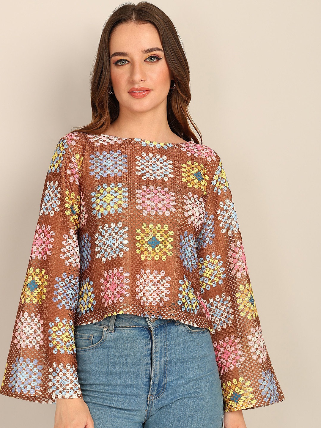 

Murcia Geometric Print Flared Sleeve Crop Top, Multi