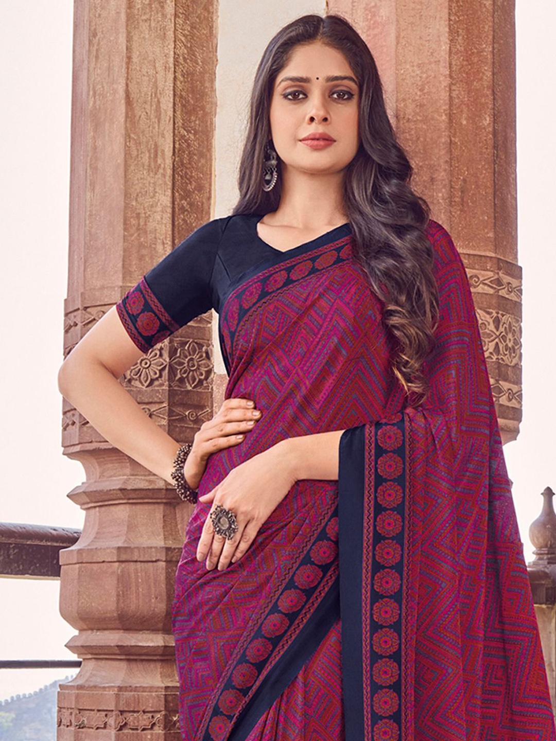 

all about you Women Printed Ethnic Motifs Pure Silk Dabu Saree, Magenta