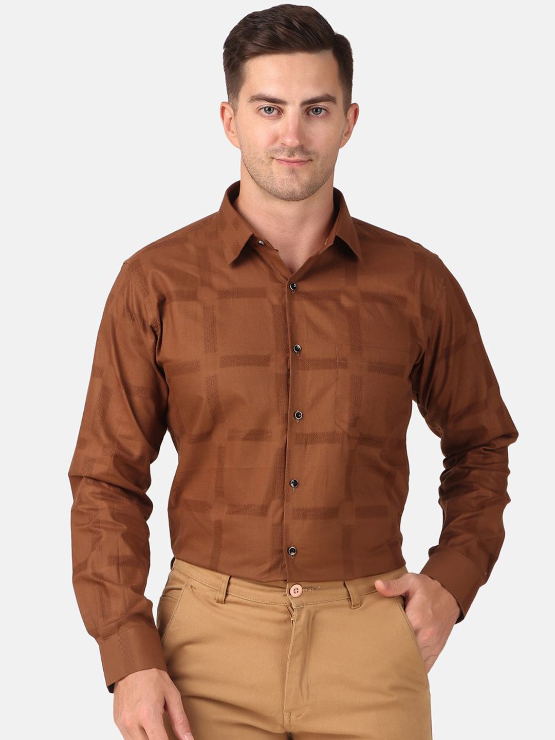 

DESIGN UP Men Classic Spread Collar Checked Cotton Slim Fit Casual Shirt, Brown