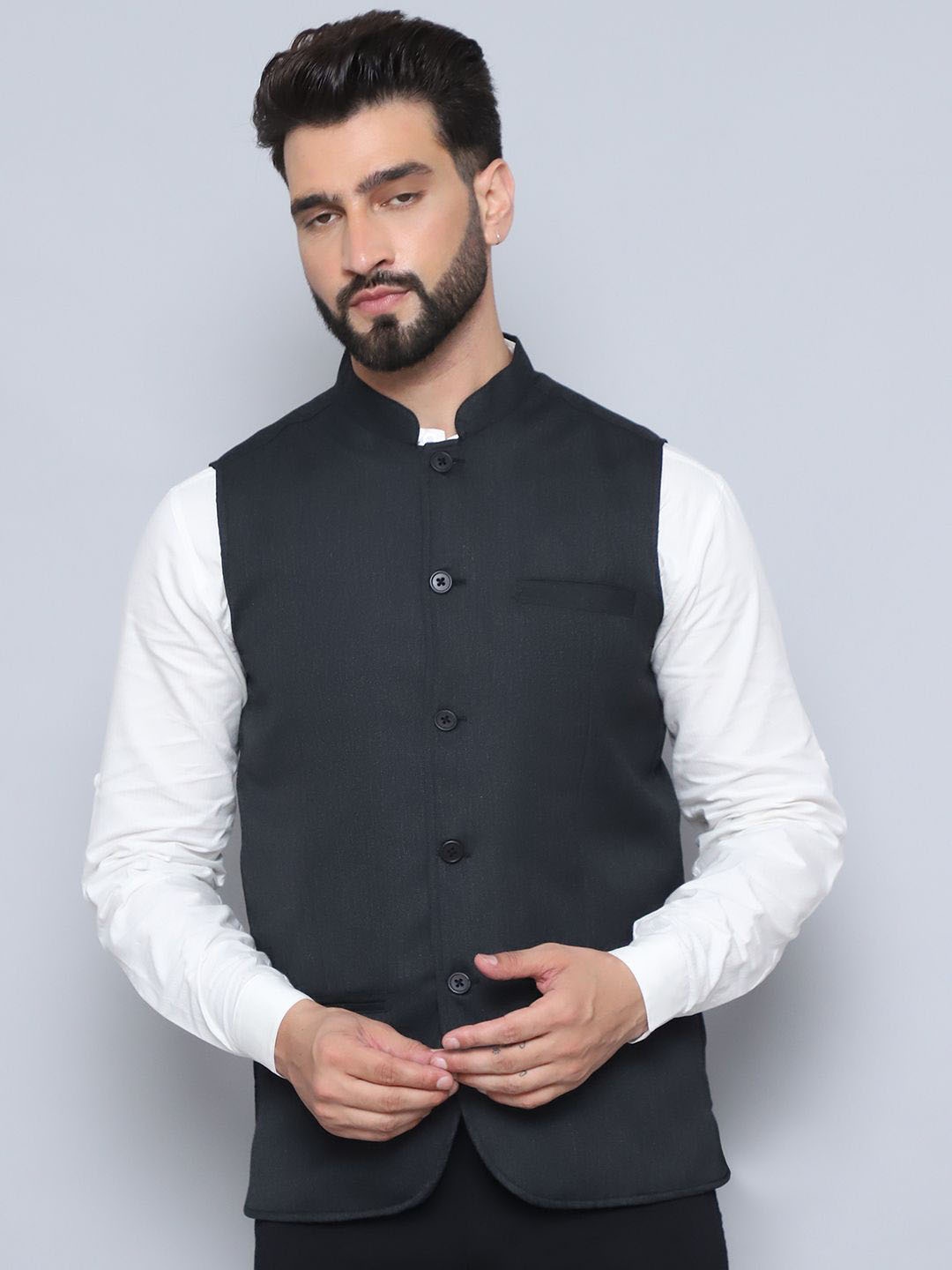

even Woven Design Nehru Jacket, Black