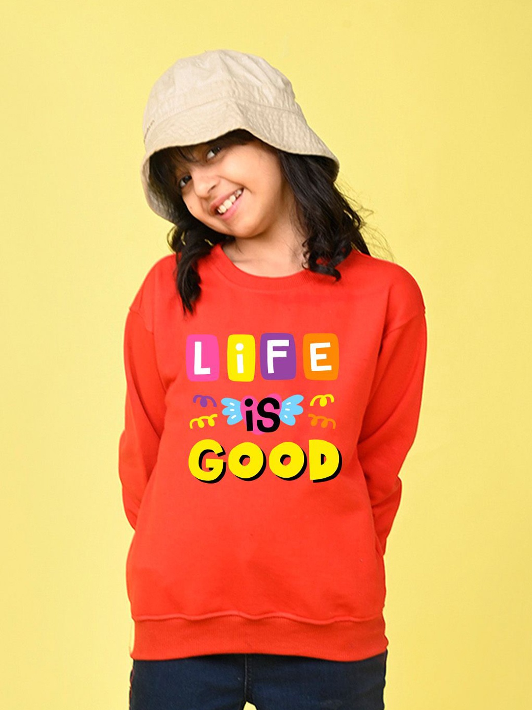 

NUSYL Girls Typography Printed Oversized Sweatshirt, Red