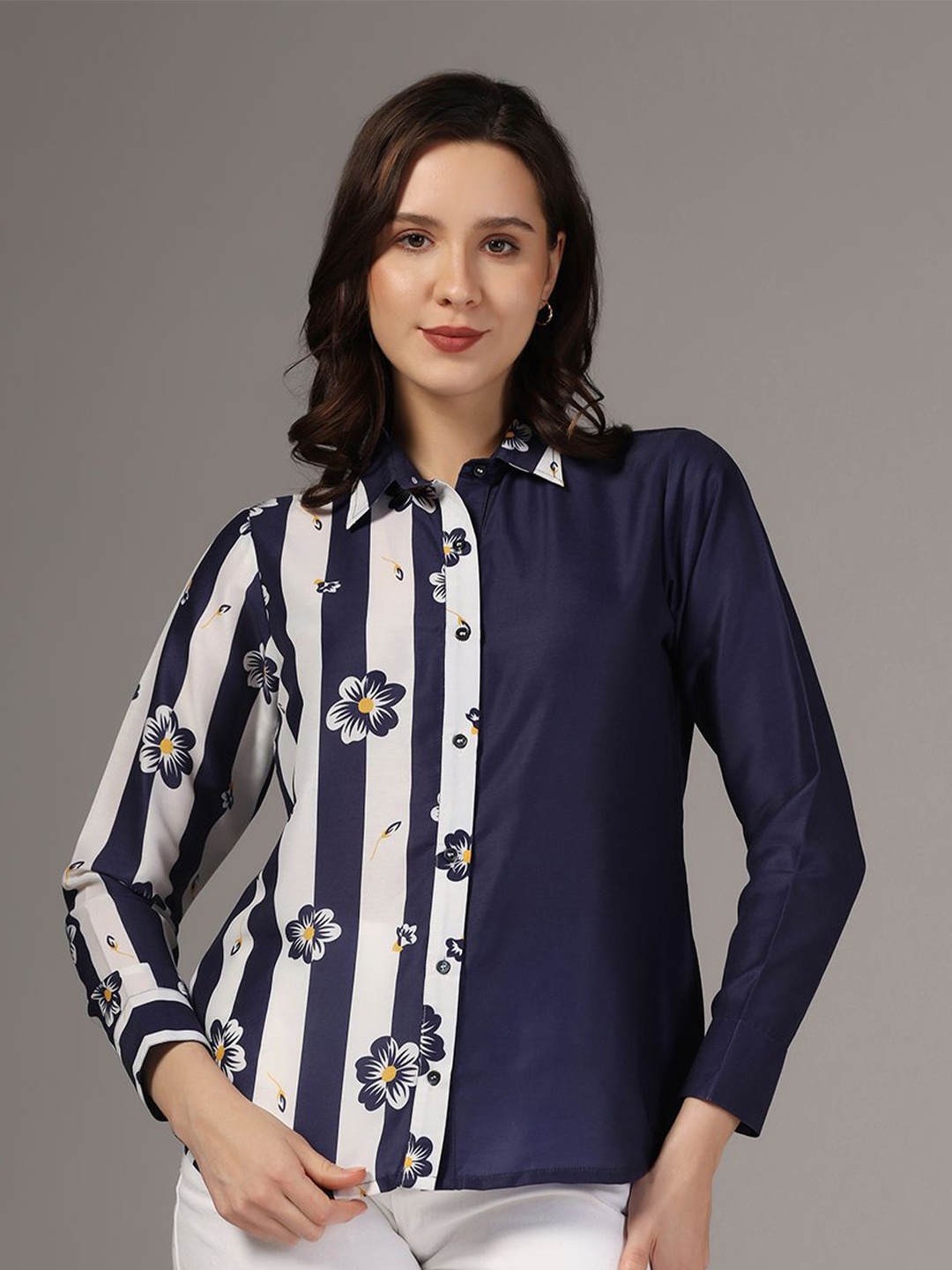 

BAESD Women Band Collar Floral Printed Casual Shirt, Navy blue