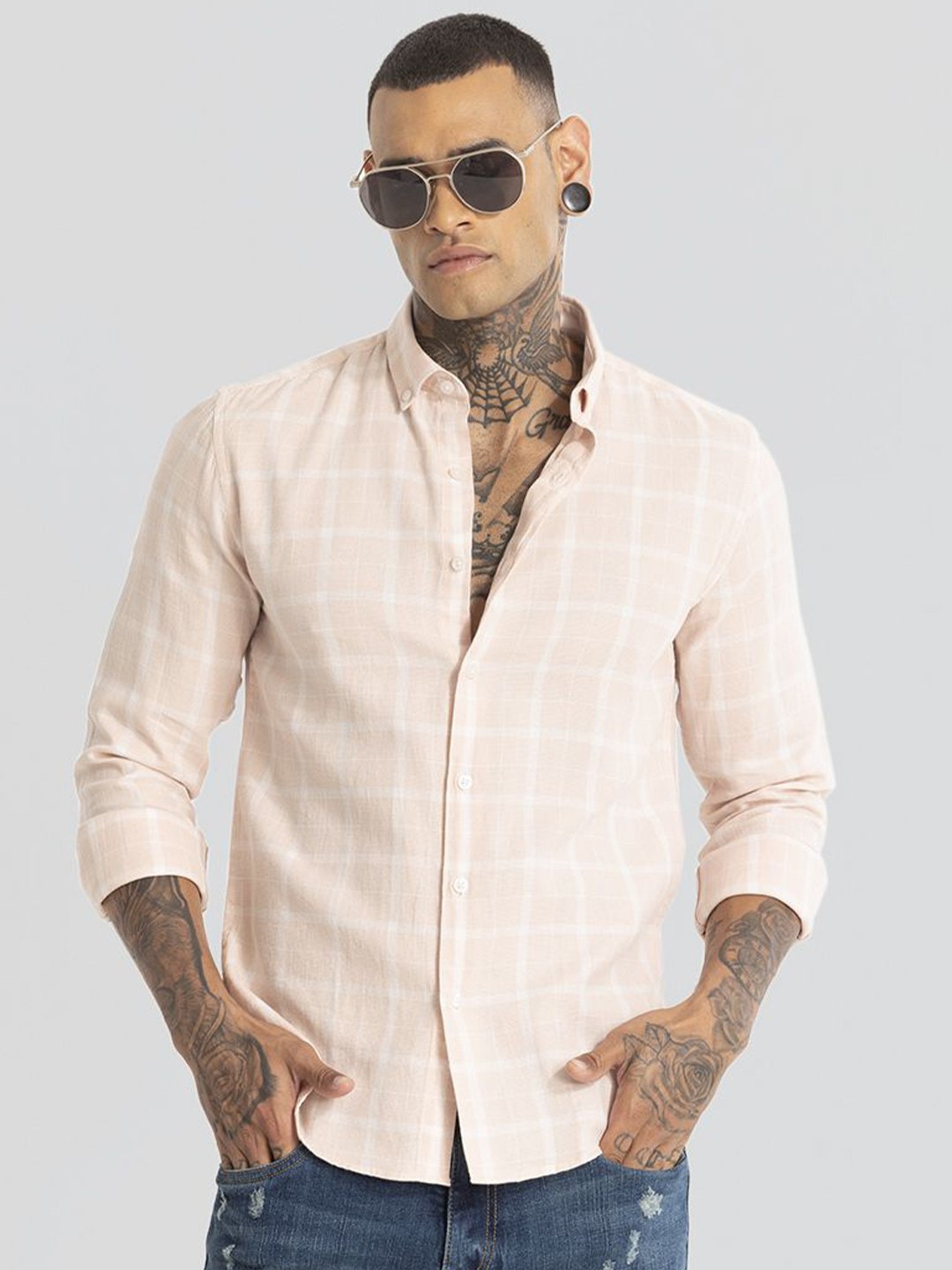 

Snitch Men Smart Button-Down Collar Gingham Checked Cotton Slim Fit Casual Shirt, Peach