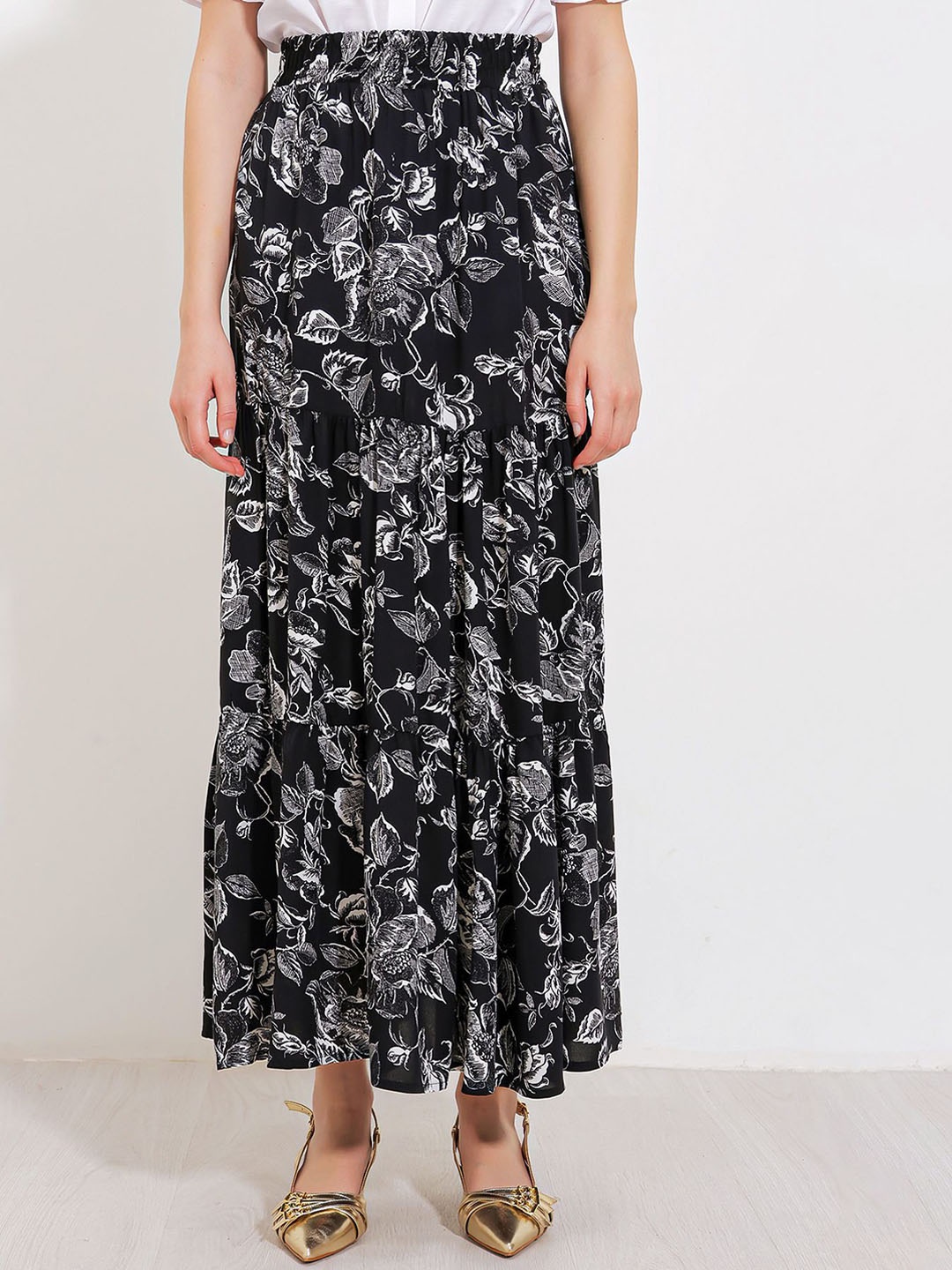 

BIGDART Printed Flared Maxi Skirt, Black