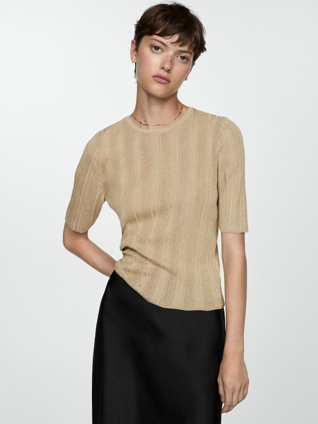 

MANGO Self-Striped Regular Top, Beige