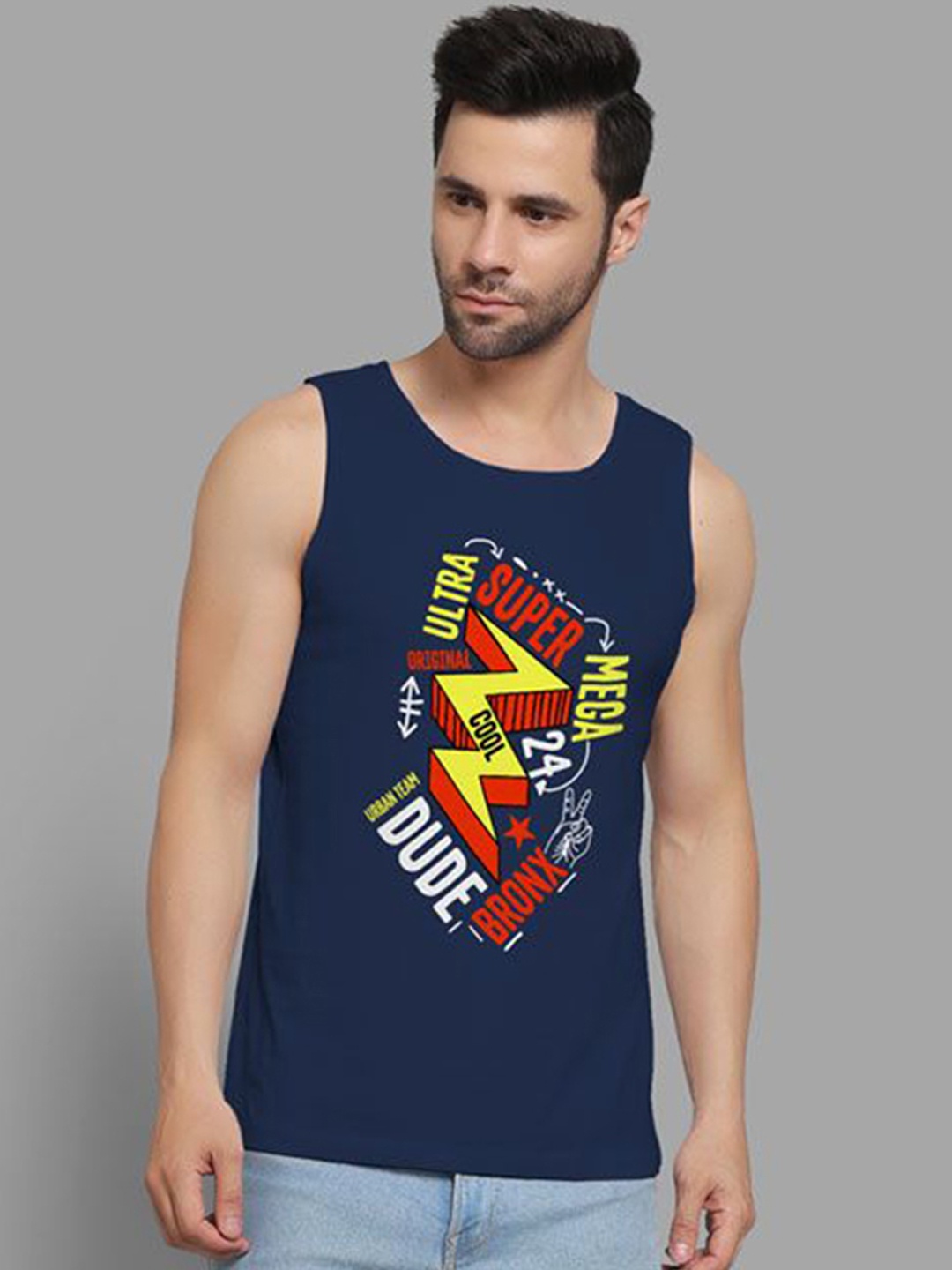

DAB SHARK Printed Cotton Sleeveless Gym Vest, Navy blue