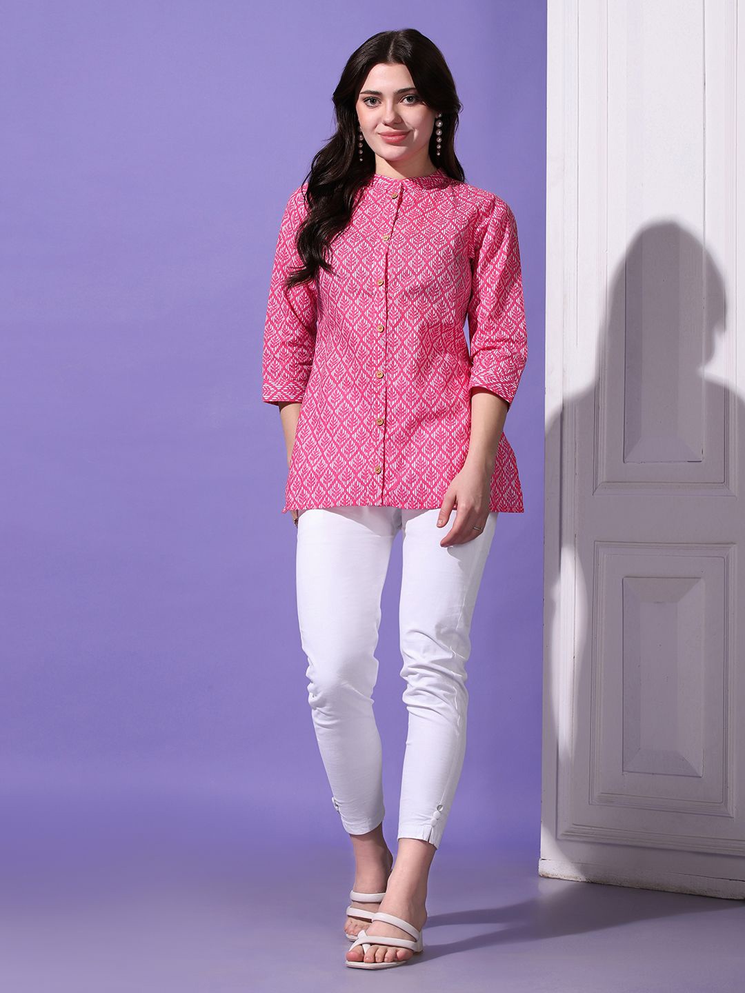 

BAESD Women Mandarin Collar Ethnic Printed Cotton Casual Shirt, Pink