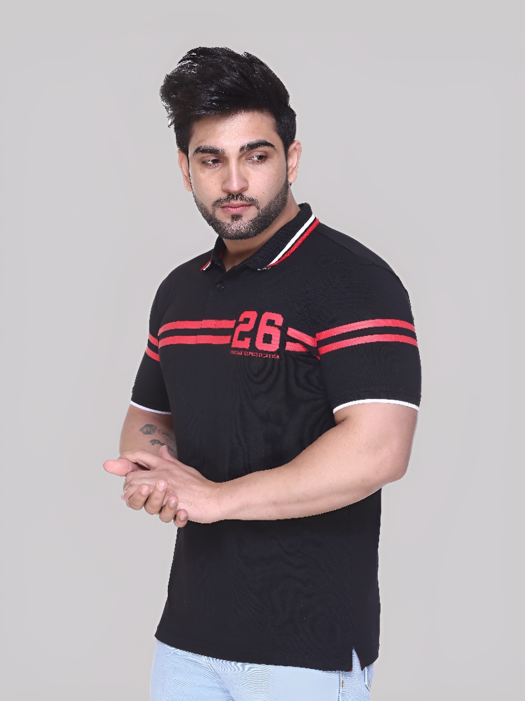 

Y&I Men Typography Mandarin Collar Applique T-shirt, Black
