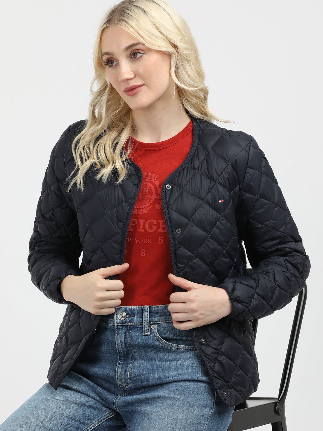 

Tommy Hilfiger Women Solid Collarless Quilted Jacket, Blue