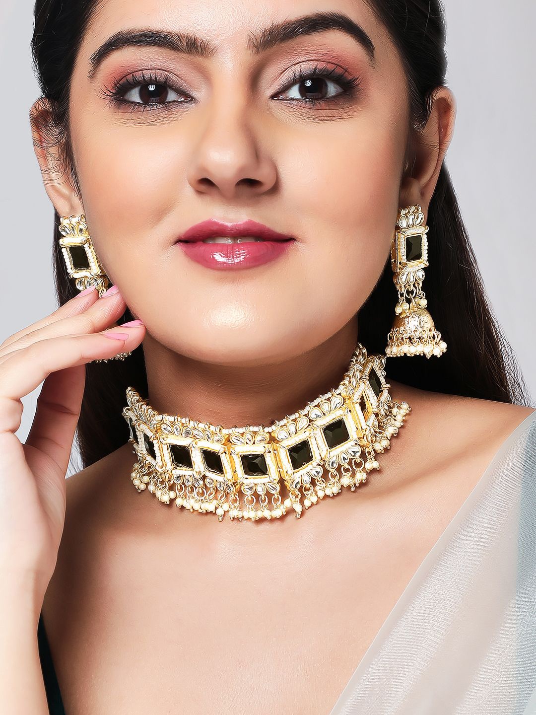 

Rubans 22K Gold-Plated Black Stone Kundan Choker Set with Pearls and Jhumka Earrings