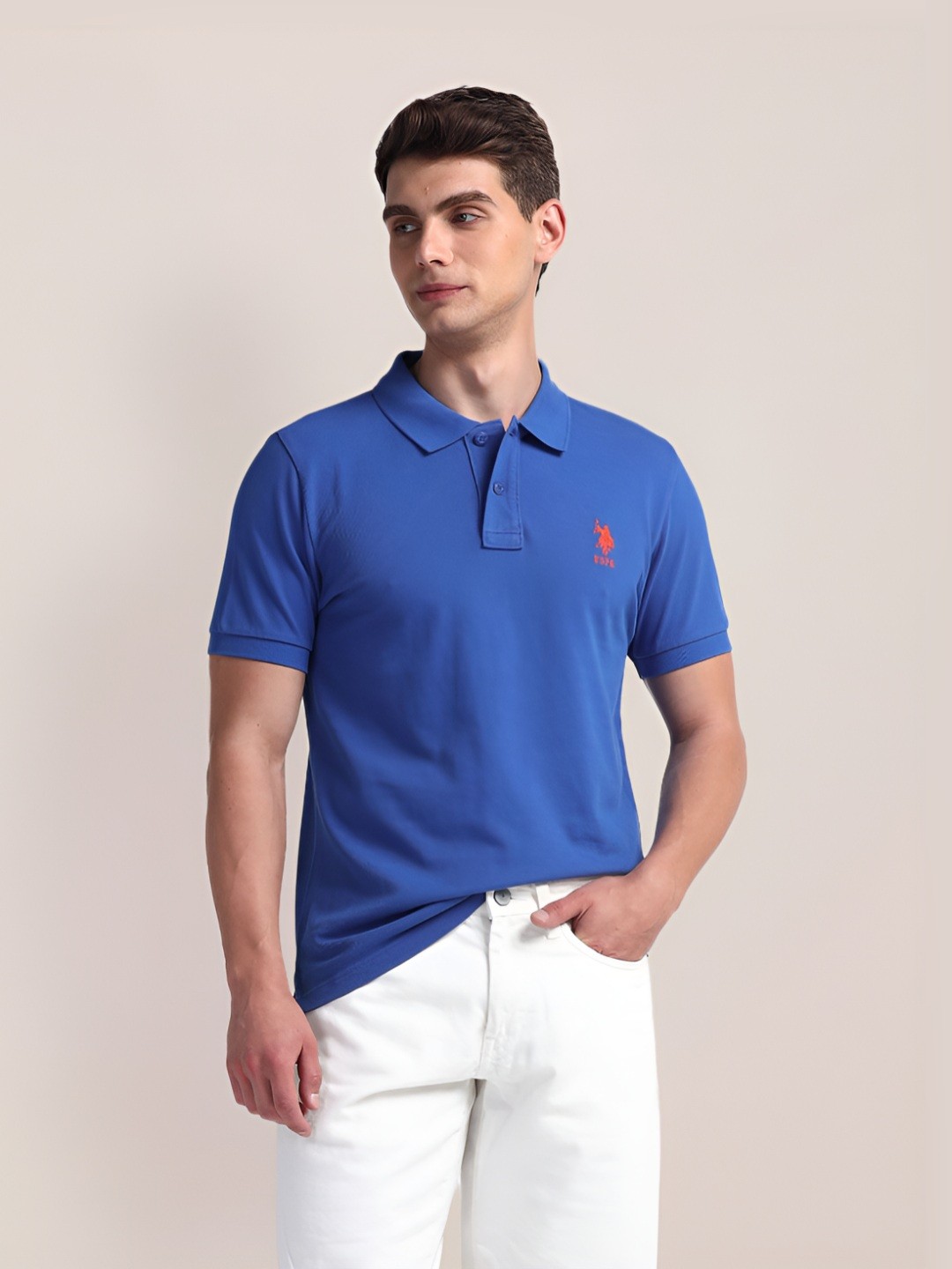 

U.S. Polo Assn. Men Solid Polo Collar Cotton Slim Fit T-Shirt, Blue