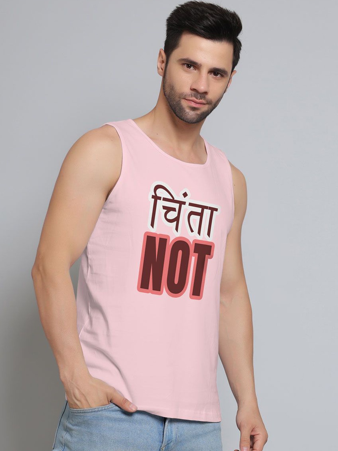 

DAB SHARK Men Printed Sleeveless Innerwear Gym Vests, Pink