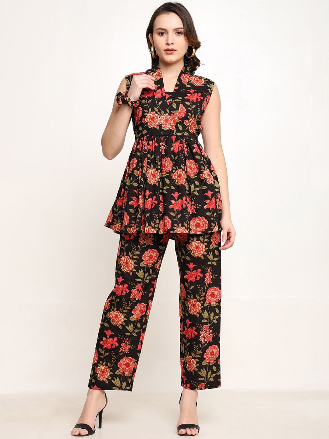 

CORDSET Printed Pure Cotton Tunic & Trousers, Black